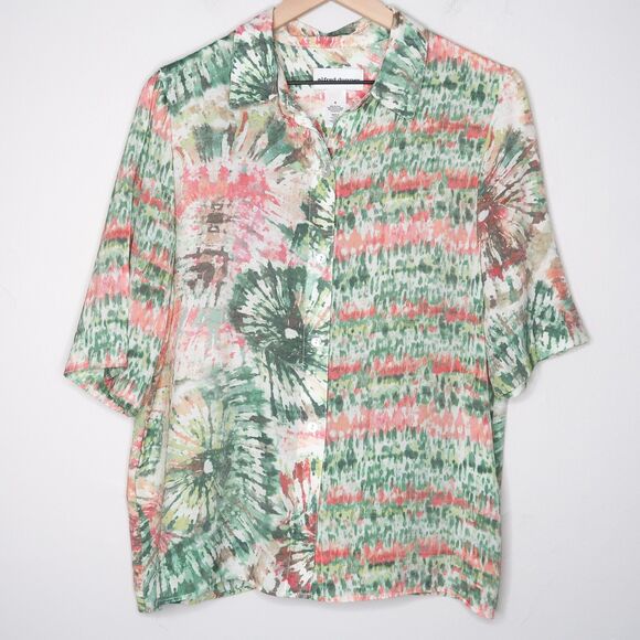 Alfred Dunner Womens Button Up Shirt Small Green Pink Tie-dye Sheer Camp 70s - Picture 1 of 8